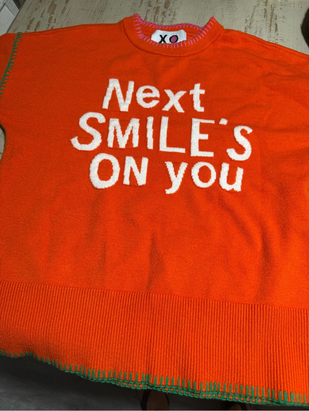 Orange Knit Sweater - 'Next SMILE'S ON you' Very cool sweater Good message!!